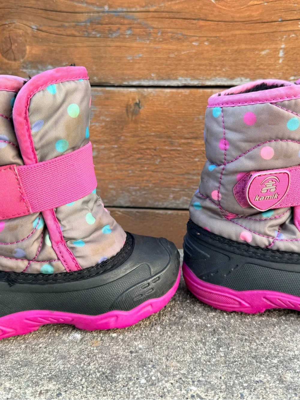 Kamik Snowbug Winter Lined Snow Boots Gray Pink Polka Dot Toddler Girls Size 7